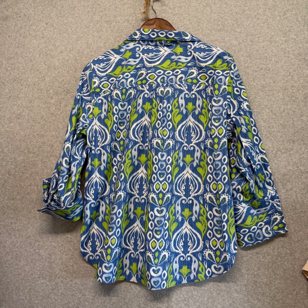 Chicos Button Down Shirt Womens 2‎ L Ikat No-Iron Stretch Cotton Career Office - Picture 9 of 12